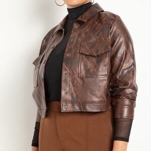 Eloquii Brown Patterned Faux Leather Cropped Jacket